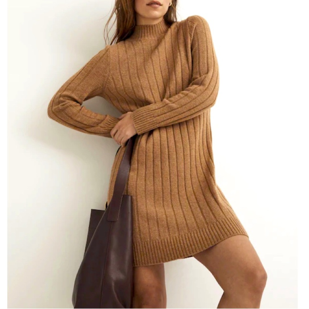 Madewell Ribbed Mini Sweater Dress Mockneck Wool Blend Heather Caramel Medium